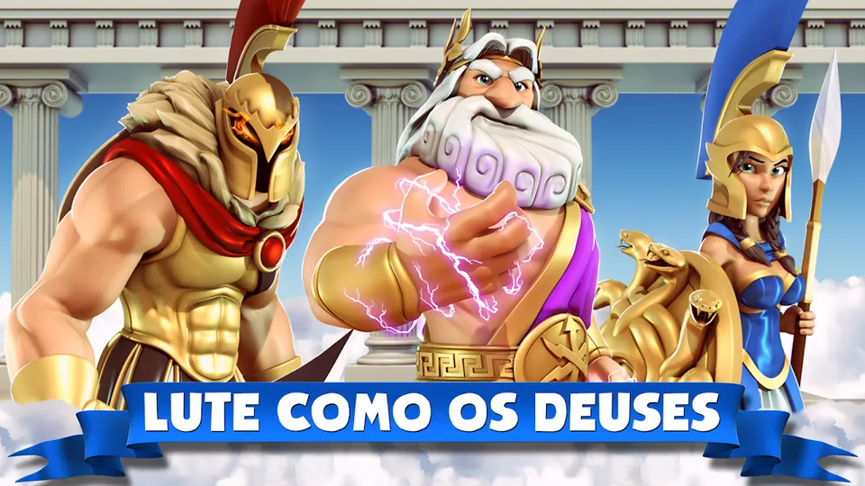 Ares de elmo com crista vermelha, Zeus a segurar um raio e Atena com lança e escudo de serpentes, em Deuses do Olimpo
