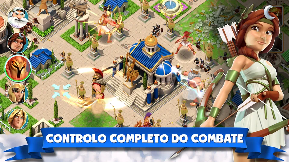 Vista aérea de uma cidade grega sob ataque, com os retratos de cinco deuses à esquerda e Ártemis de arco em primeiro plano