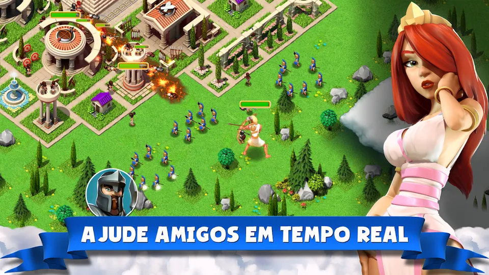 Tropas de escudo azul a avançar por um prado em direção a templos em chamas, com Afrodite em primeiro plano