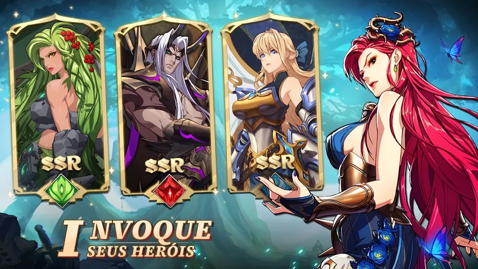 Três cartas de heróis de raridade SSR ao lado de uma personagem de cabelo vermelho