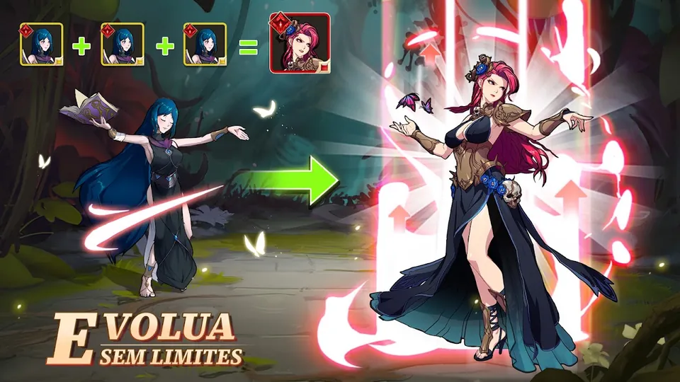 Três cópias de uma heroína a fundirem-se numa versão evoluída envolta em luz