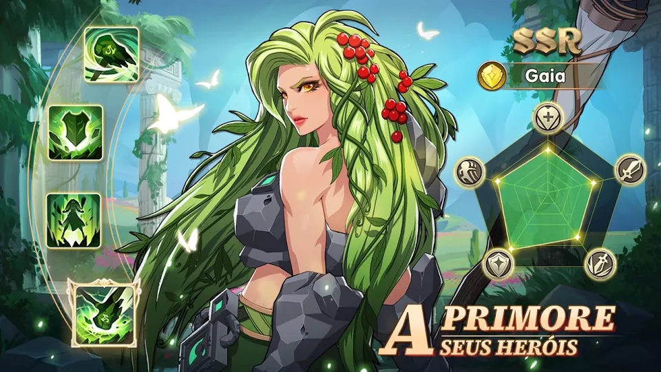 Gaia com cabelo verde de folhas e braços de pedra, com painel de habilidades e atributos, em Mythic Heroes